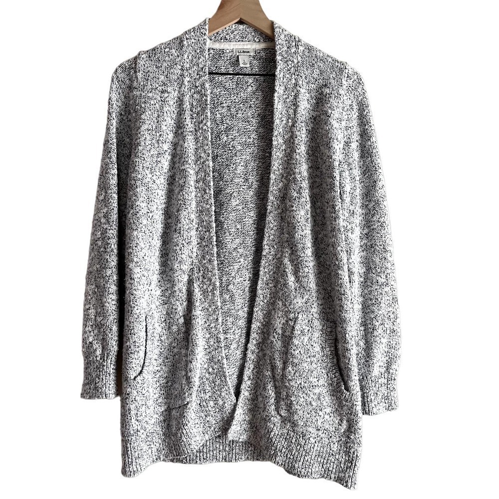 L.L.Bean 100% Cotton Chunky Knit Open Front Cardigan in Marled Grey White, Small